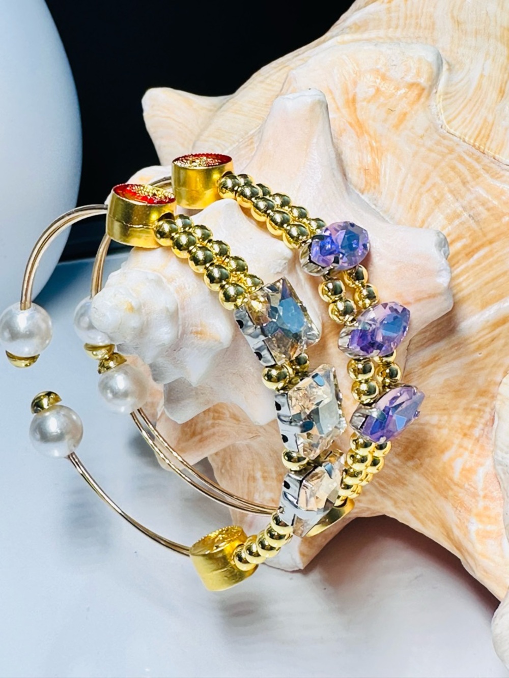 Gold Crystal and Pearl Women's Bracelet Set